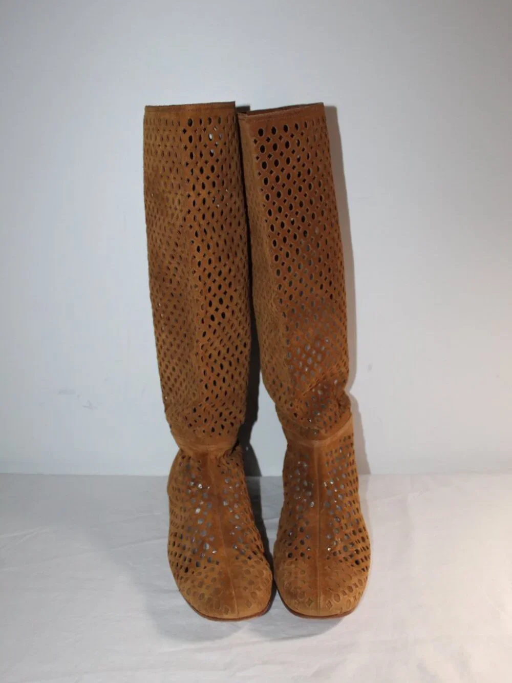 PRADA Brown Suede Leather Perforated Tall Flats Pull On Riding Boots 40